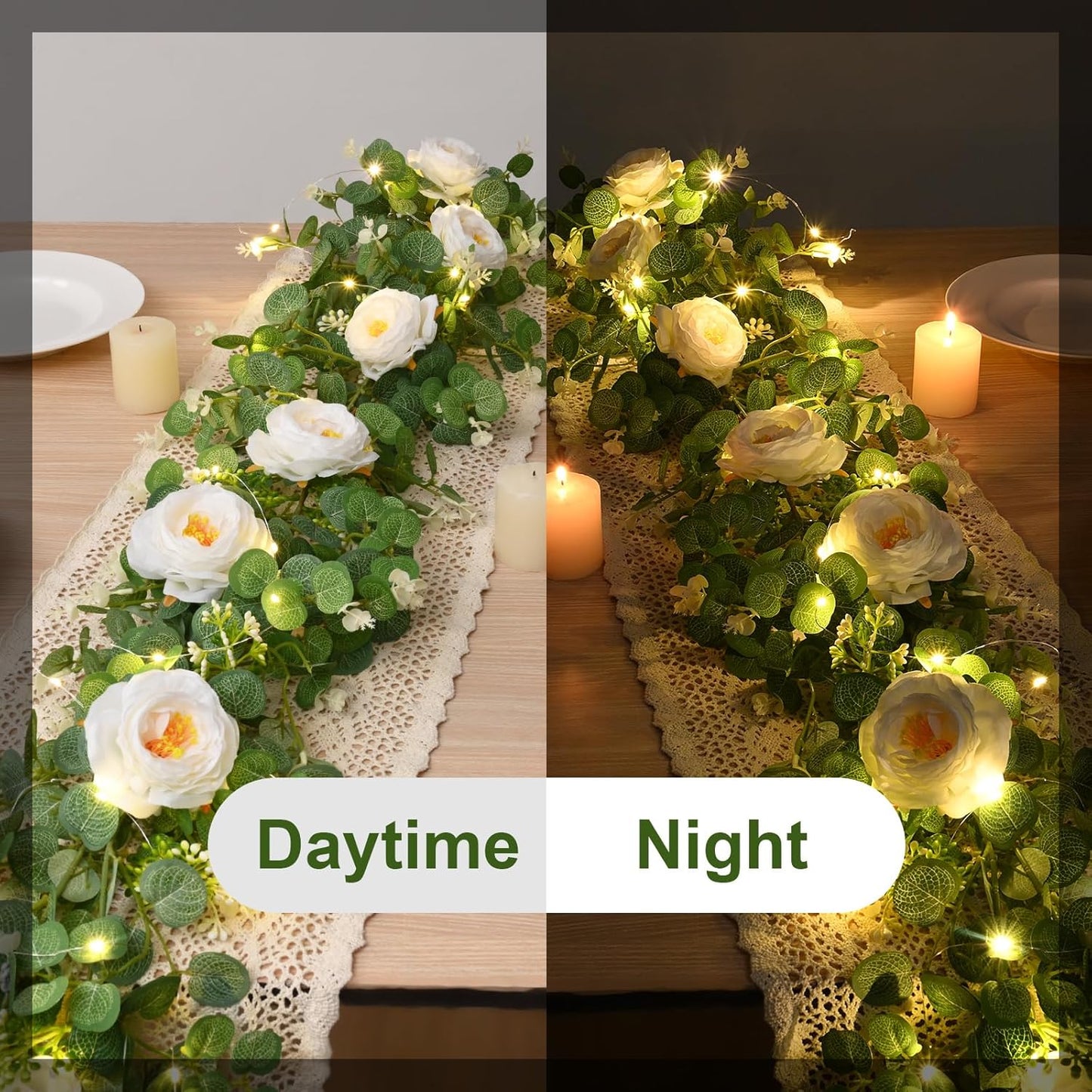Dolicer 2Pcs 13Ft Artificial Eucalyptus Garlands with Flowers, Faux Floral Greenery Garlands with 13Ft String Lights Fake Flowers Vines for Wedding Centerpieces Arch Party Decor (White)