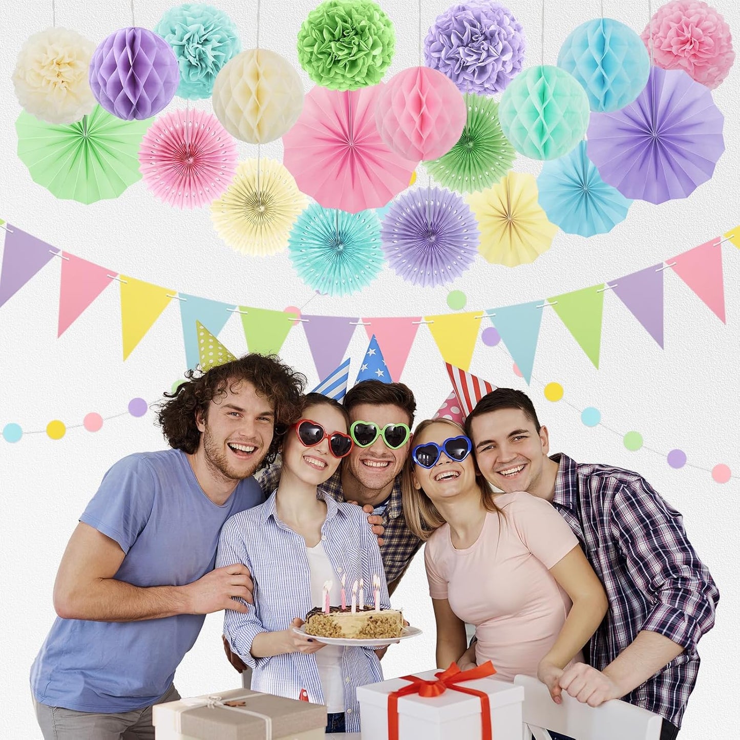 Pastel Party Decorations, 24Pcs Birthday Classroom Baby Shower Decor with Hanging Paper Fans, Pom Poms Flowers Packs for Girls Kids Birthday Rainbow Party, Macaron Carnival Theme Hanging Supplies