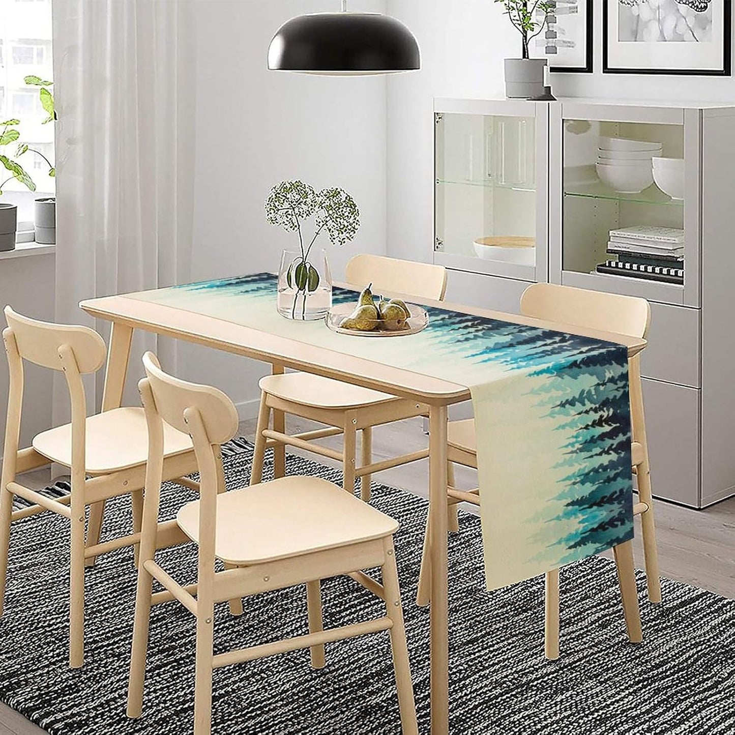 Misty Forest Table Runner,Foggy Blue Forest Landscape Table Runner for Kitchen Dining Table Home Party Decoration 13x108 Inch