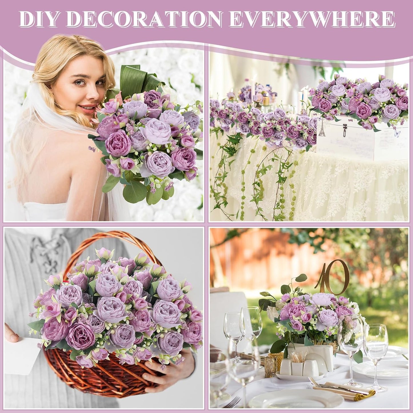 8 Bundles Artificial Peonies Flowers Boho Faux Flowers Arrangements Artificial Centerpiece Spring Bouquet Floral Wedding Decoration for Vase(Purple)