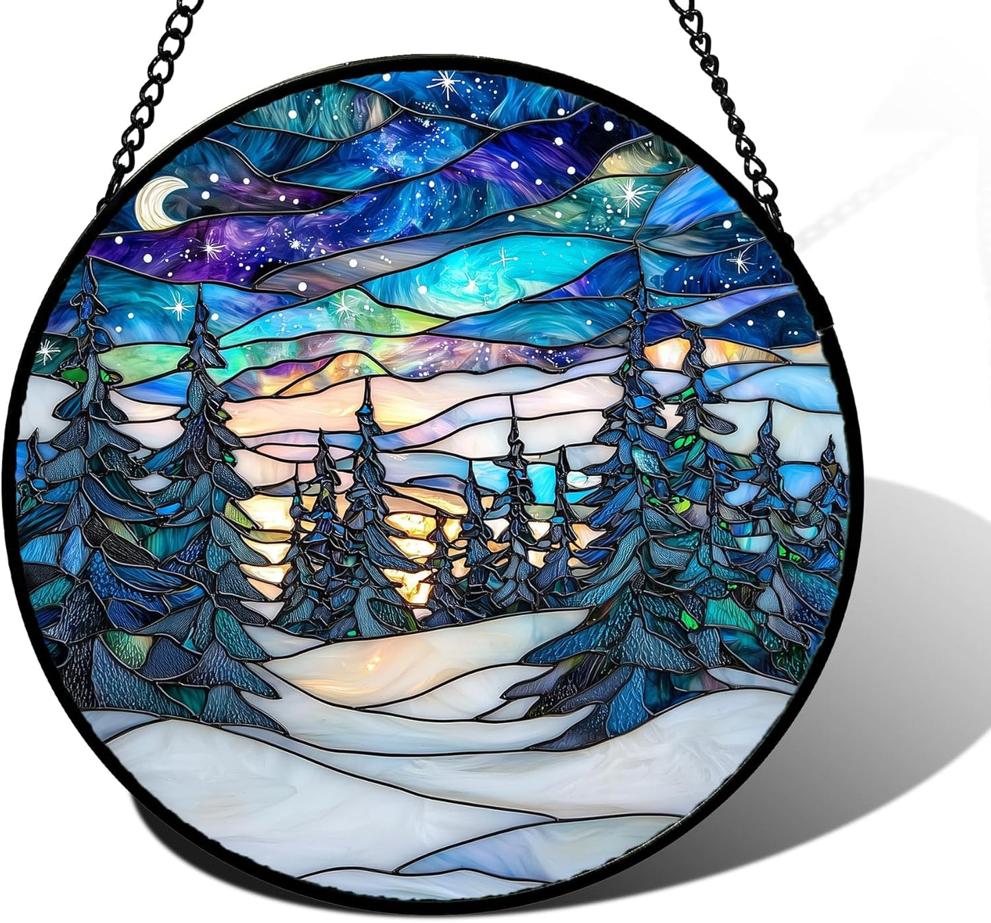 Stained Glass Window Hanging, Starry Sky Trees and Snow Sun Catchers Glass Panel Blue Suncatcher Decor for Birthday for Women, Men, Wife, Aunt, and Mom 7.8 in