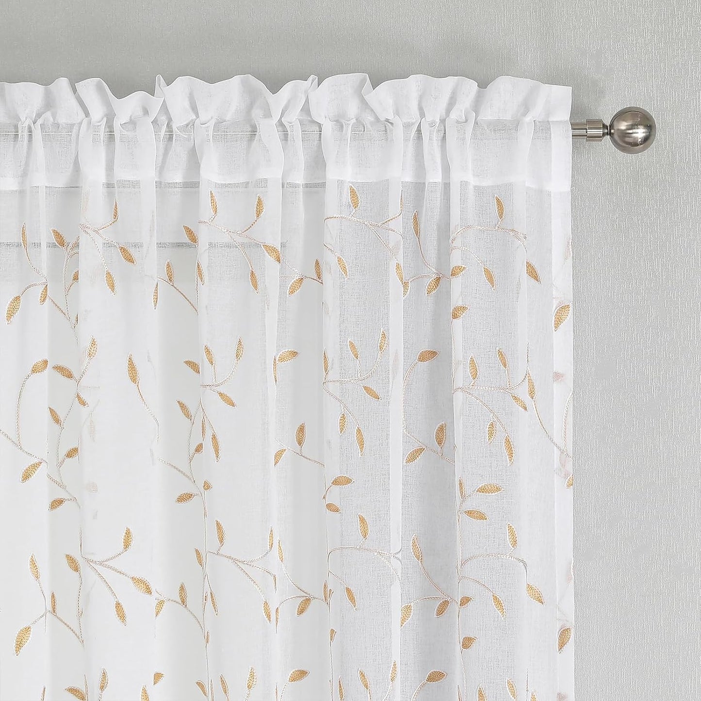VISIONTEX White Sheer Voile Curtains, Decorative Orange Leaves Embroidery Faux Linen Rod Pocket Window Drapes for Home Kitchen, Living Room and Bedroom 54 x 63 Inch, Set of 2 Curtain Panels