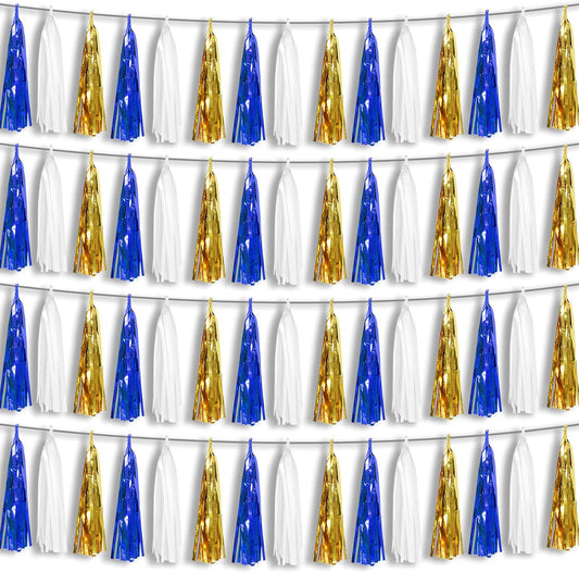 4P Navy-Blue White-Gold Foil Fringe Metallic Tassel-Garland, Tassels Banner Streamers for Parade Floats, Bachelorette, Wedding, Birthday, Halloween, Christmas, Bridal/Baby Shower Party Decorations