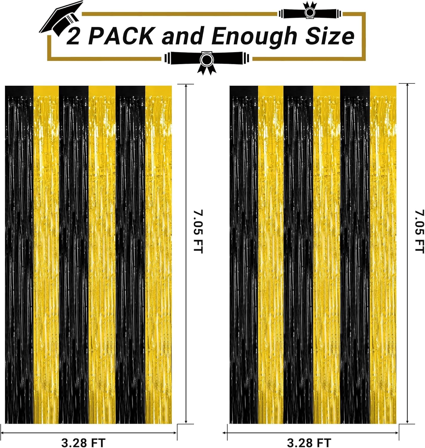 2 Pack Graduation Backdrop, 3.28 FT x 7.05 FT Black and Gold Foil Fringe Curtains, Metallic Foil Curtain Graduation Backdrop, Grad Party Supplies Black and Gold Party Decorations Class of 2025