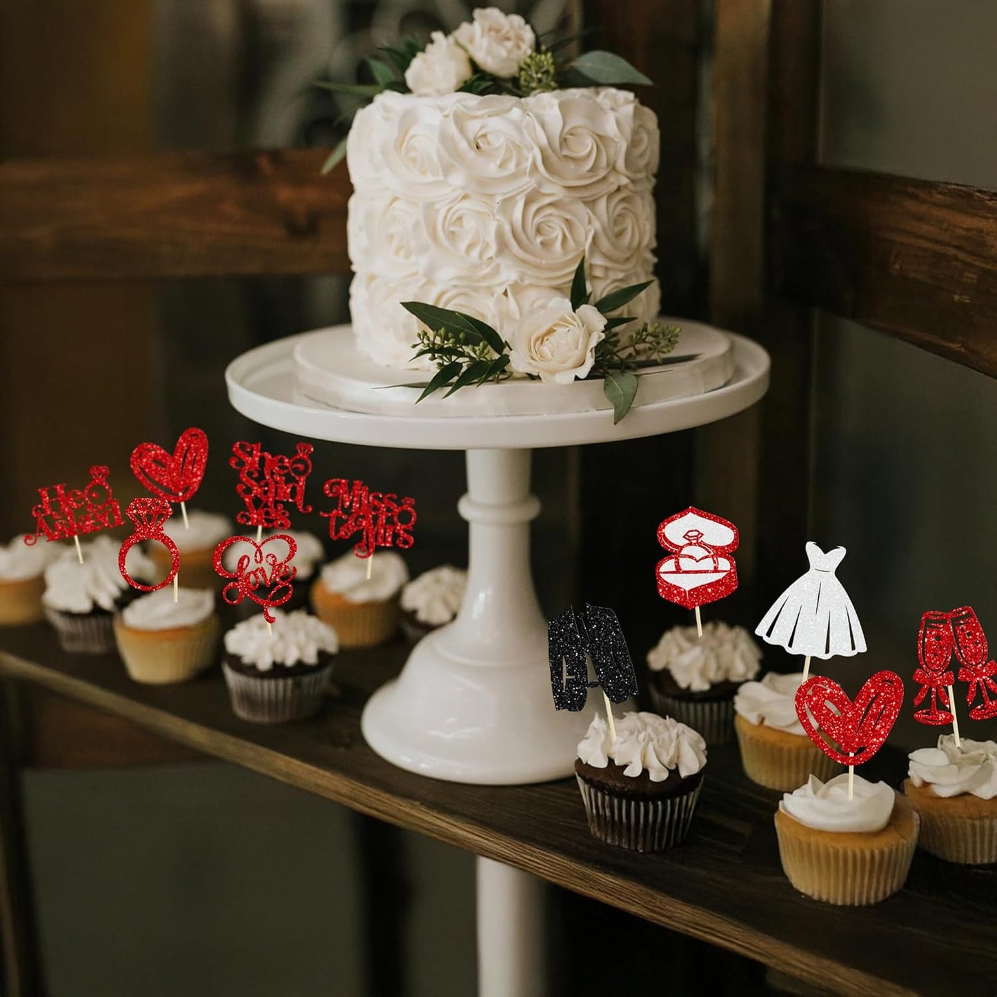 Gyufise 30Pcs She Said Yes Cupcake Toppers Glitter Diamond Ring I Do Love Cupcake Picks Miss to Mrs He Asked Bridal Shower Wedding Engagement Bachelorette Cake Decoration Red