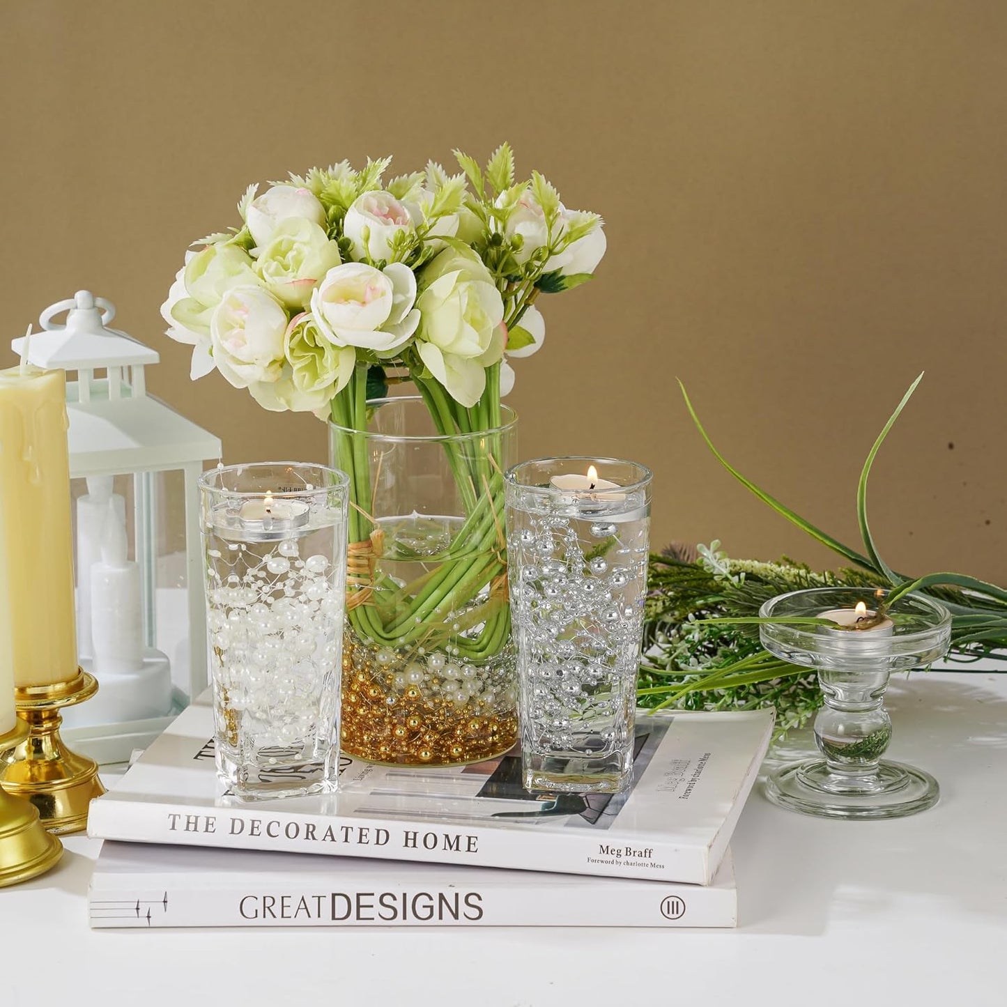 13Feet Pearl String Spool Roll for Floating Candles Faux Pearls Strands Garland for Vase Filler Wedding Centerpiece Christmas Table Decor (Silver)