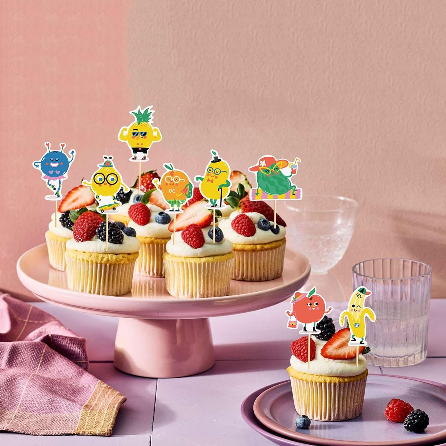 24pcs Fruit Cupcake Toppers Anthropomorphic Fruit Theme Kawaii Watermelon Apple Banana Lemon Pineapple Strawberry Cupcake Picks for Kid Baby Shower Summer Decorations