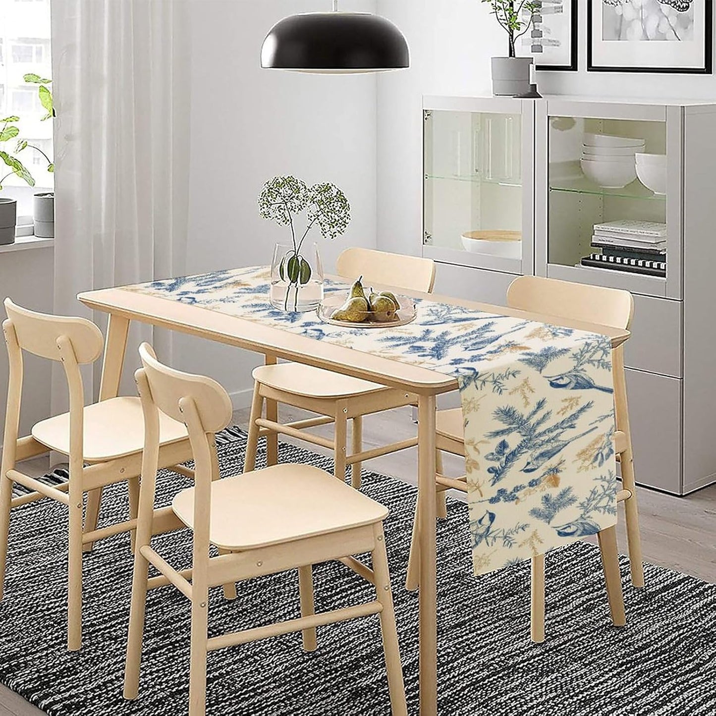 Floral Table Runner,Sketch Birds and Flowers Summer Table Runner Kitchen Dining Table Decoration for Home Party Decor 13x120 Inch