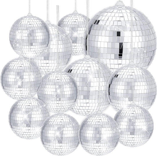 WILLBOND 12 Pack Disco Ball Mirror Ball with Hanging Ring for Fun Retro Disco Party Decorations Party Dj Lighting Effect Stage Props Game Accessories, 5.91", 3.94", 3.15", 2.36"(Silver)