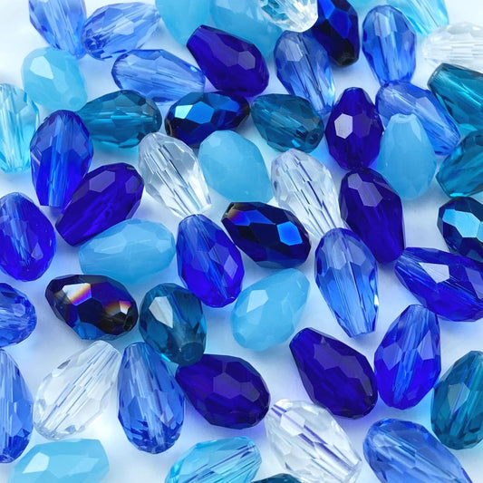110pcs 6x8mm Teardrop Crystal Glass Beads Vertical Hole Faceted Loose Spacer Beads for DIY Craft Jewelry Making Necklace Bracelet Earring Wind Chimes(Blue Series)