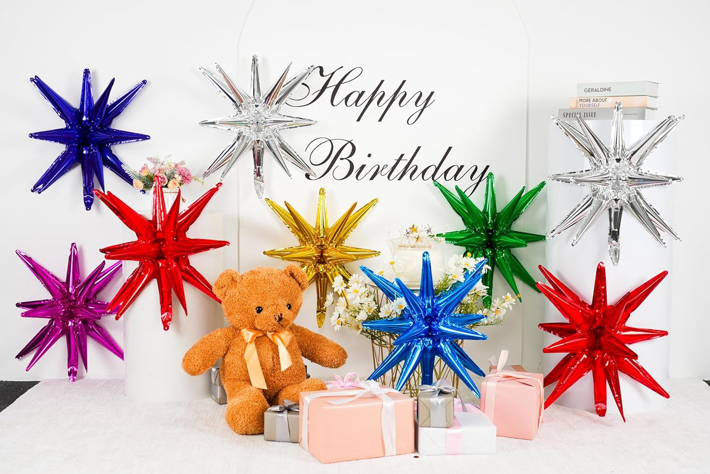 Colorful Star Balloons,9Pcs 22Inch Rainbow Explosion Spike Cone Helium Polyester Film Star Foil Balloons for Birthday Anniversary Baby Shower New Year Christmas Disco Party Decorations