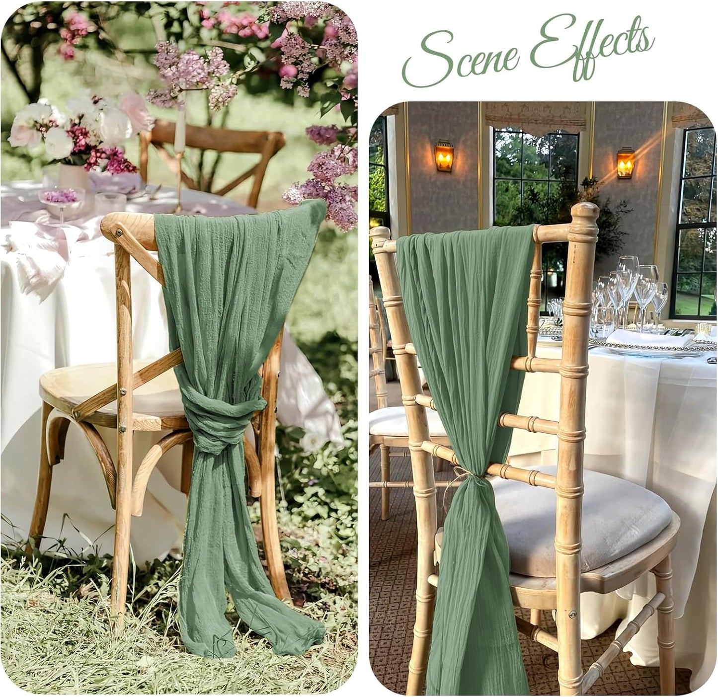 36 Pcs Sage Green Cheesecloth Chair Sashes, 16 x 108 inch Gauze Fabric Washable Chair Sashes Bows Designed for Aisle Decorations Universal Chair Cover Decor for Wedding Reception Party Banquet