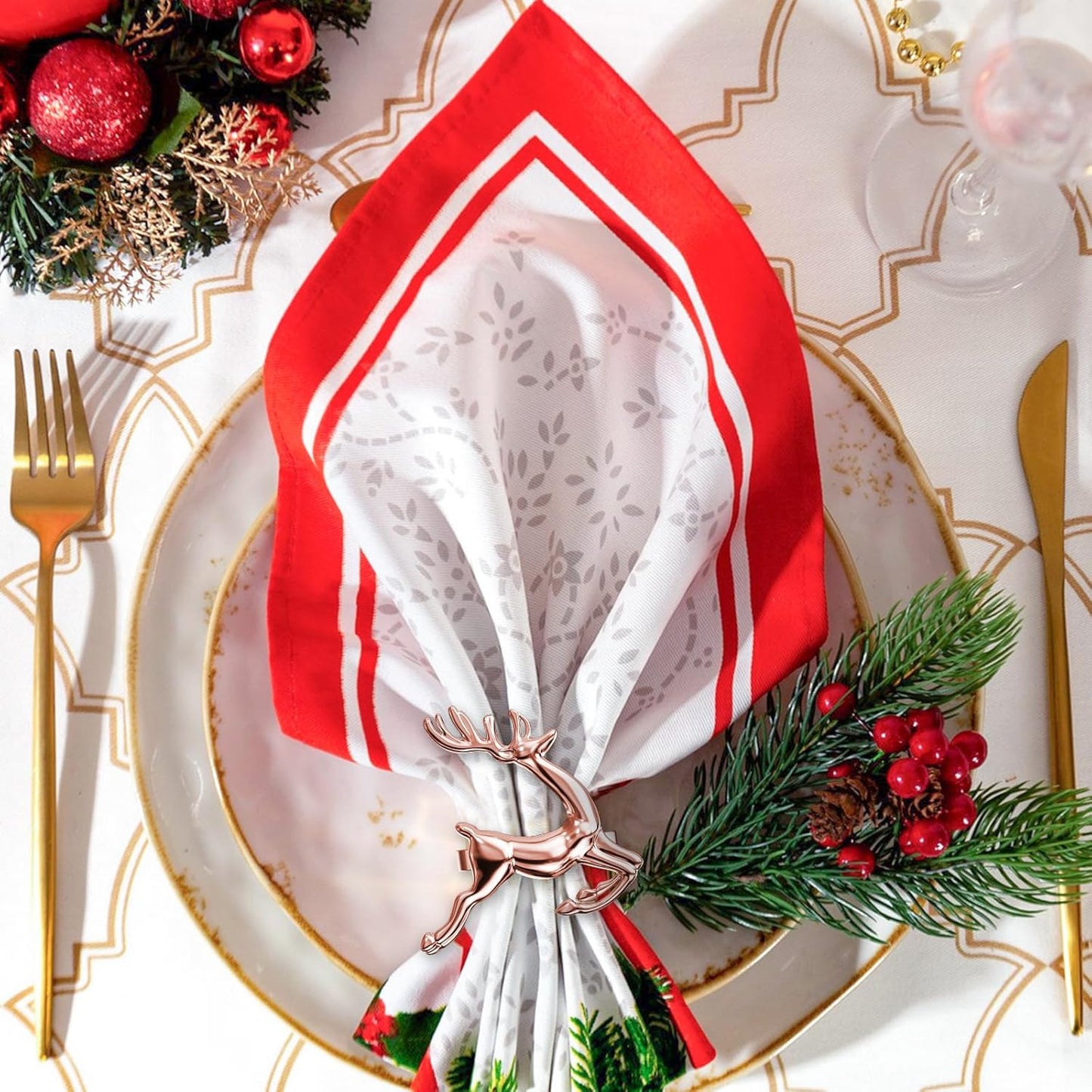 ZeeDix Set of 24 Rose Gold Elk Chic Napkin Rings for Christmas Dinning Table Setting-Wedding Receptions, Christmas, Thanksgiving and Home Kitchen for Casual or Formal
