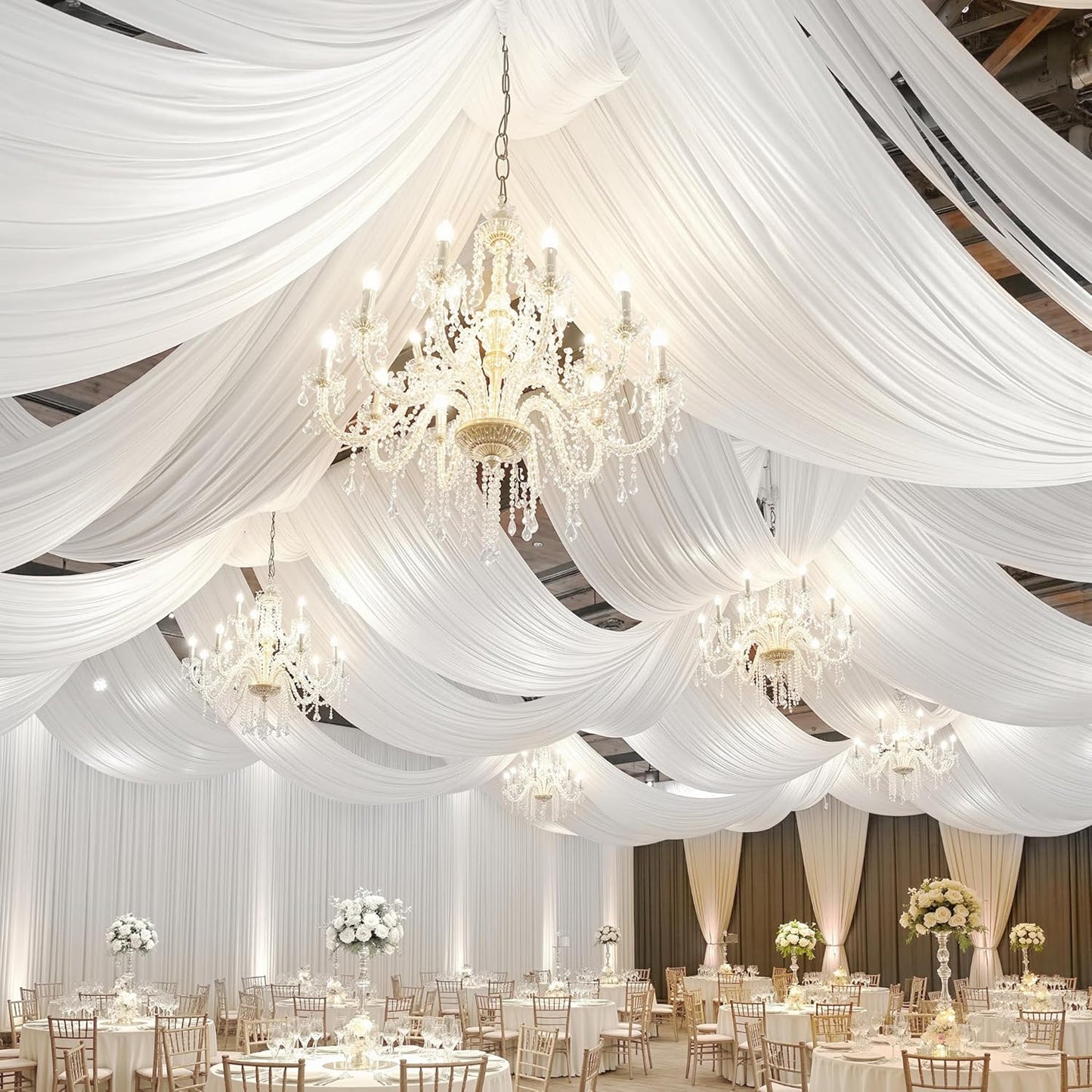 PartyVillage 10 Panels 5ftx30ft White Ceiling Drapes for Wedding Parties – 30 FT Extra Long Thick Polyester Wrinkle-Free Drapery Tent Decor Decorations for Birthday Party Ceremony Stage Swag