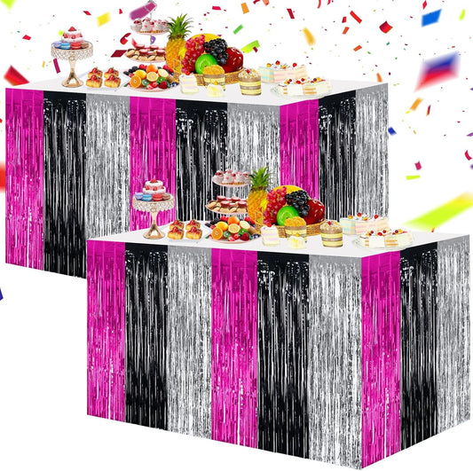 BEISHIDA 2 Pack Hot Pink Black Silver Table Skirts Party Decorations Metallic Tinsel Foil Fringe Table Skirts for Hot Girls Mouse Theme Birthday Holiday Party