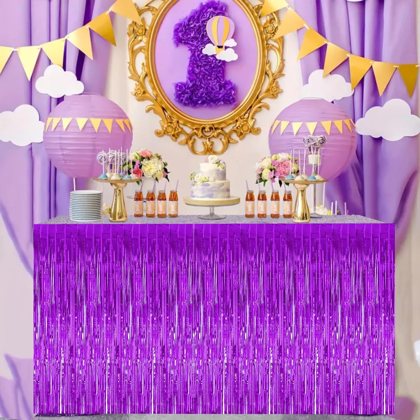 BEISHIDA 2 Pack Dark Purple Metallic Tinsel Foil Fringe Table Skirts for Rectangle and Round Tables - Birthday & Holiday Party Decorations