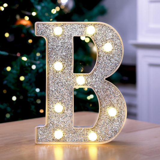 Marquee Light Up Letters, Glitter Silver LED Letter Lights Battery Powered Alphabet Letter Sign for Night Light Wedding Birthday Party Cafe Bar Decoration Girls Room Decor - B