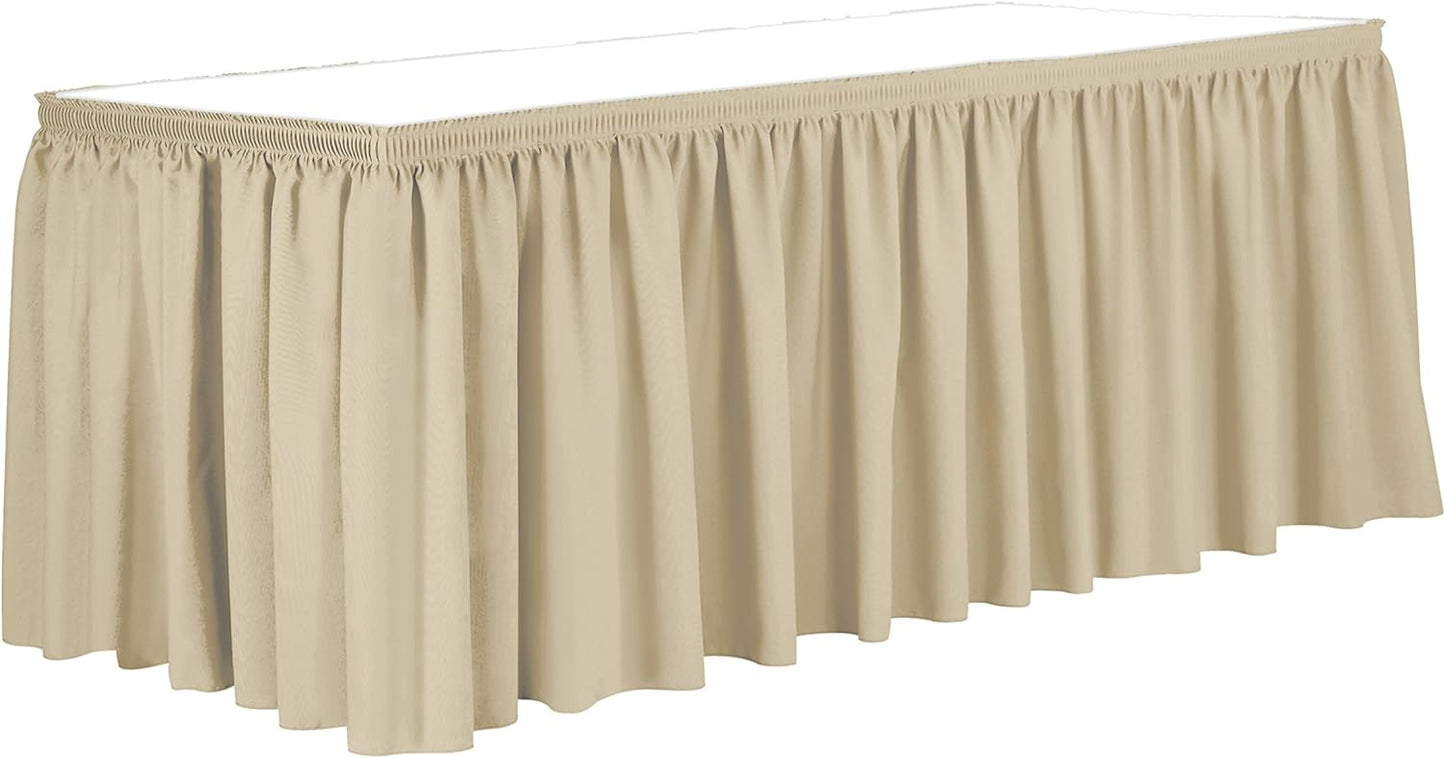 Ultimate Textile Pleat Polyester Fabric Table Skirt - Machine Washable Flame Resistant with Clips for Events, Weddings & Trade Shows, Cut & Sewn in Paterson, NJ - Tan, 17' Shirred Pleat