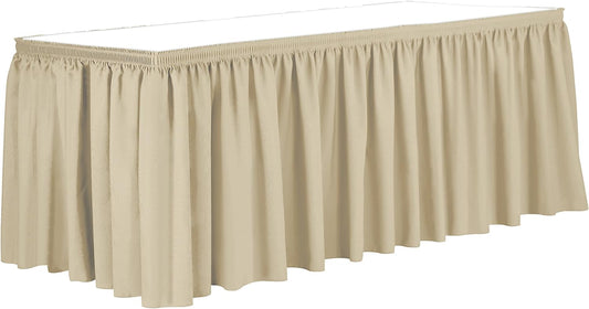 Ultimate Textile Pleat Polyester Fabric Table Skirt - Machine Washable Flame Resistant with Clips for Events, Weddings & Trade Shows, Cut & Sewn in Paterson, NJ - Tan, 14' Shirred Pleat