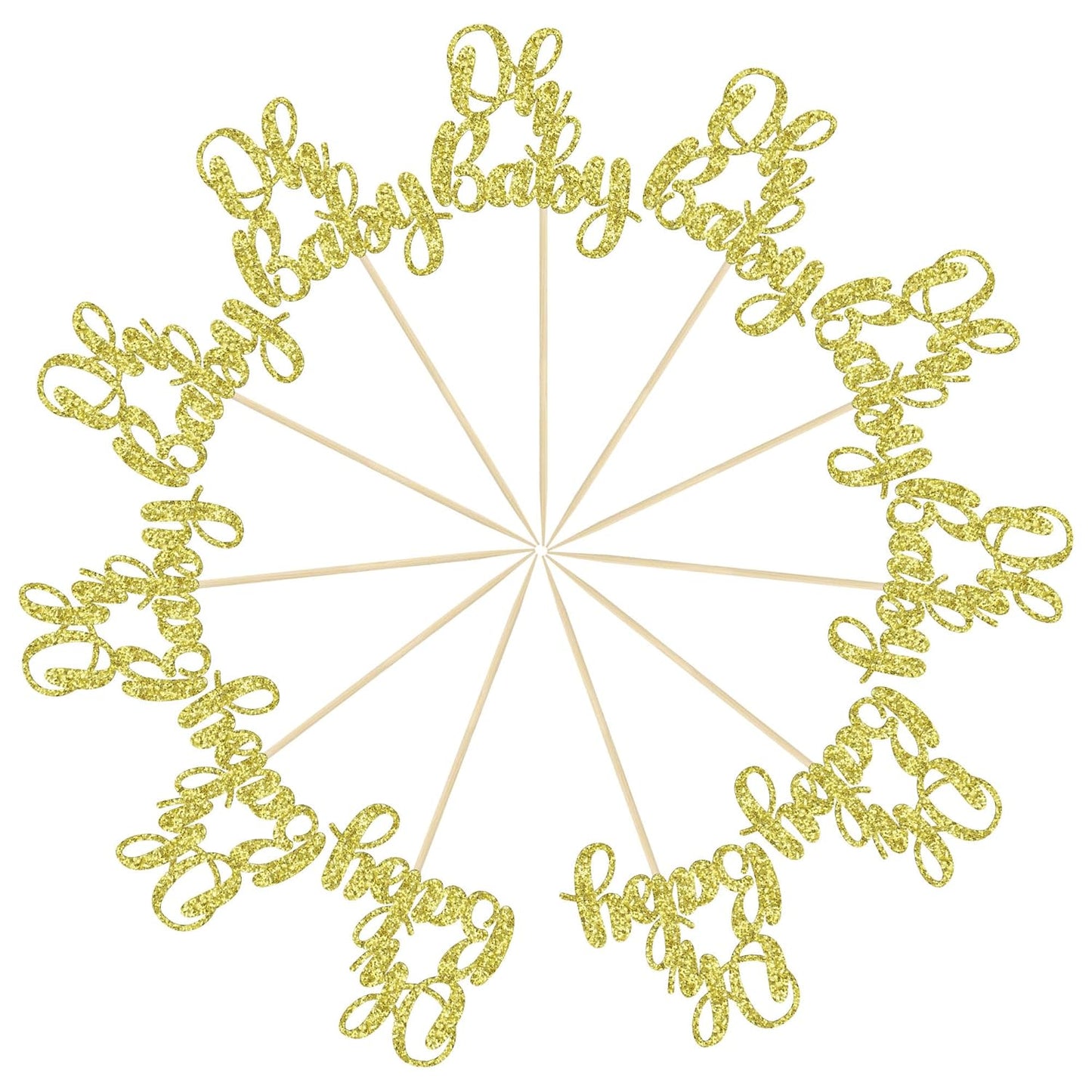 Gyufise 36 Pack Oh Baby Cupcake Toppers Glitter Baby Shower Cupcake Picks Decorations for Celebrating Baby Shower Kids Birthday Party Supplies Gold
