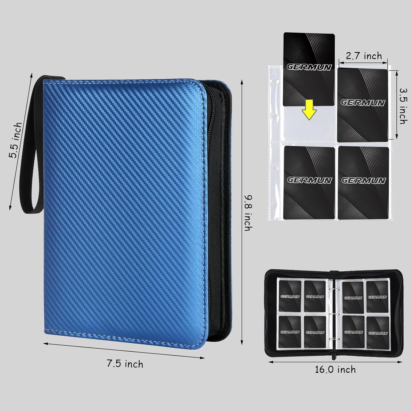 4 Pocket Card Binder, Premium Zip Trading Card Binder, 400 Double Sided Pocket PU Card Collection Binder, Collector Card Album, Card Folder for MTG, TCG, Sports Cards, Game Cards (Blue)