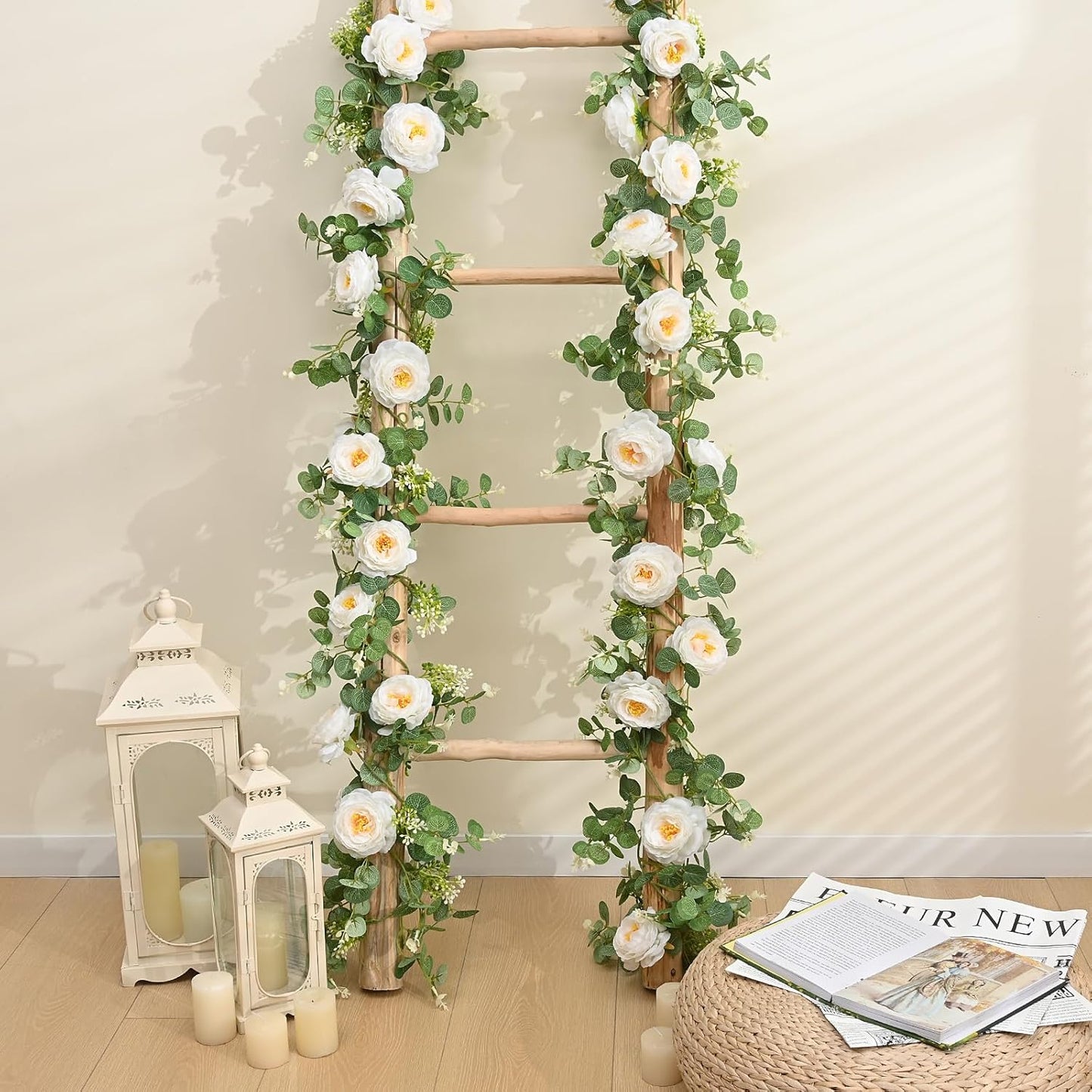 Dolicer 2Pcs 13Ft Artificial Eucalyptus Garlands with Flowers, Faux Floral Greenery Garlands Fake Flowers Vines for Wedding Table Centerpieces Arch Party Ceremony Backdrop Decor (White)