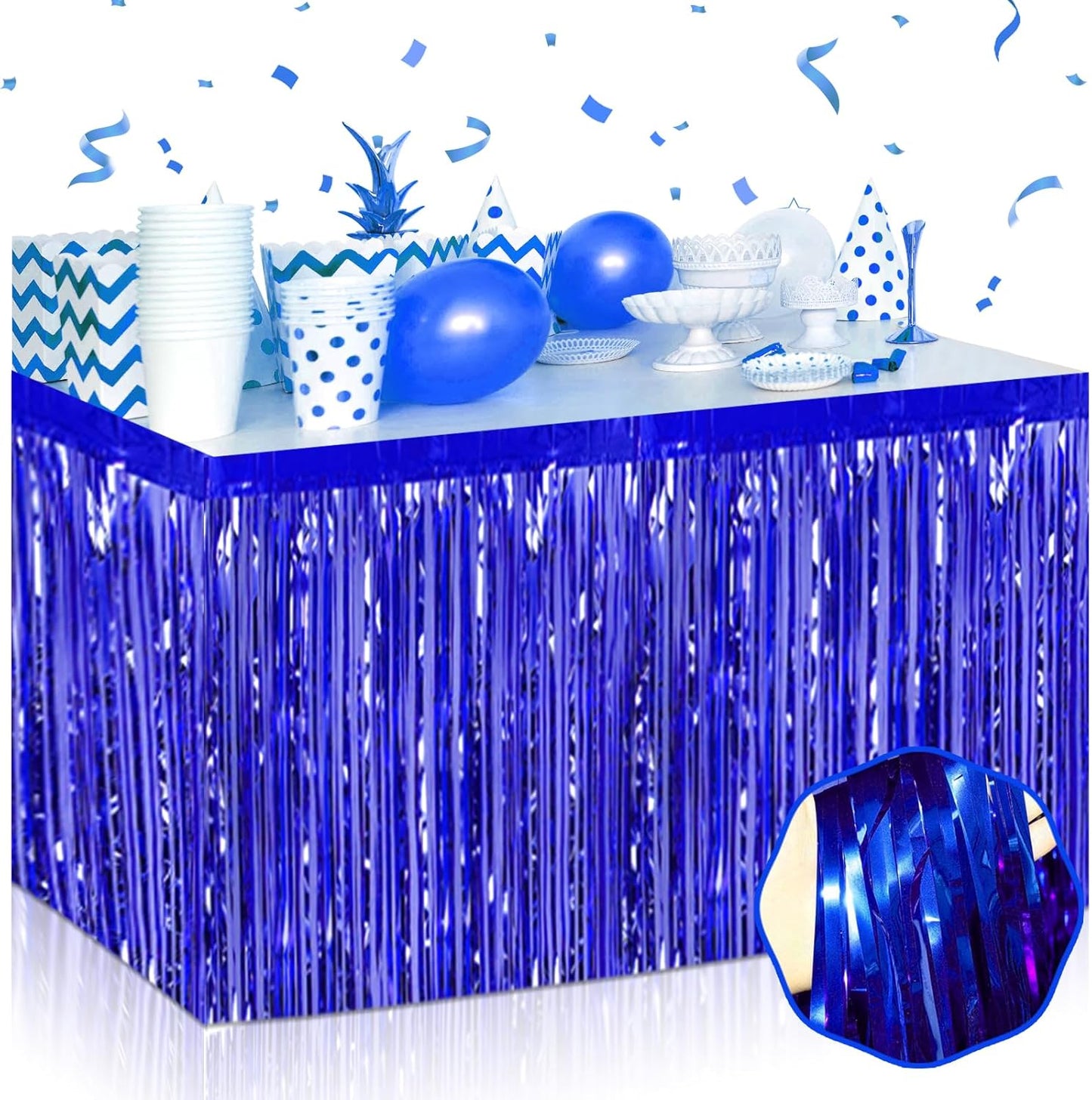 3 Pack 29 x108 Inch Blue Foil Fringe Table Skirts Metallic Banner for Tinsel Streamer Garland Backdrop for Parade Floats Wedding Thanksgiving Birthday Christmas Halloween New Year Party Decoration
