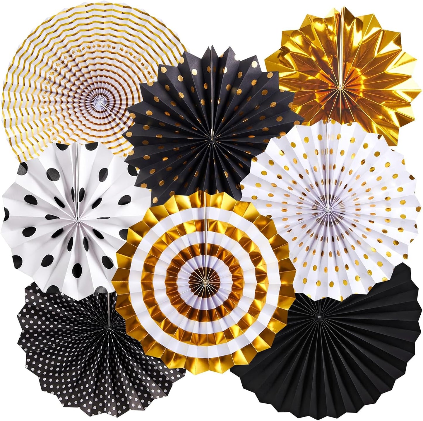 SUNBEAUTY Gold Black Paper Fans Backdrop for Tea Party Weddding Spring Birthday Classroom Baby Shower Halloween Decoration Hanging Home Party - 8Pcs