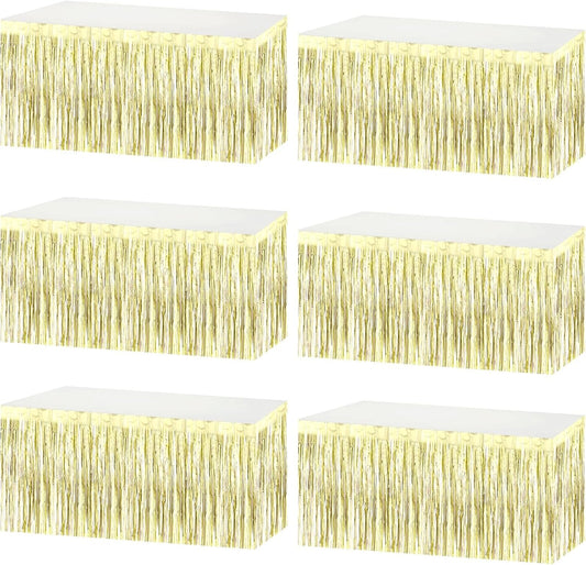 6 Pack 29x108 Inch Metallic Foil Fringe Tinsel Table Skirts Banner for Rectangle Tables Streamer Garland Backdrop for Wedding, Birthday, Parade Floats, Valentine's Day Party Decoration(Light Gold)