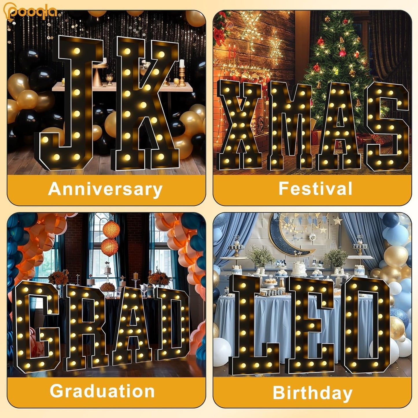 Pooqla 4 FT Marquee Light Up Letters, Black Marquee Letter Lights 4 Feet Tall, Giant Mosaic Sign Big for Balloons Birthday Party Anniversary Wedding Decorations, Warm White Letter Q