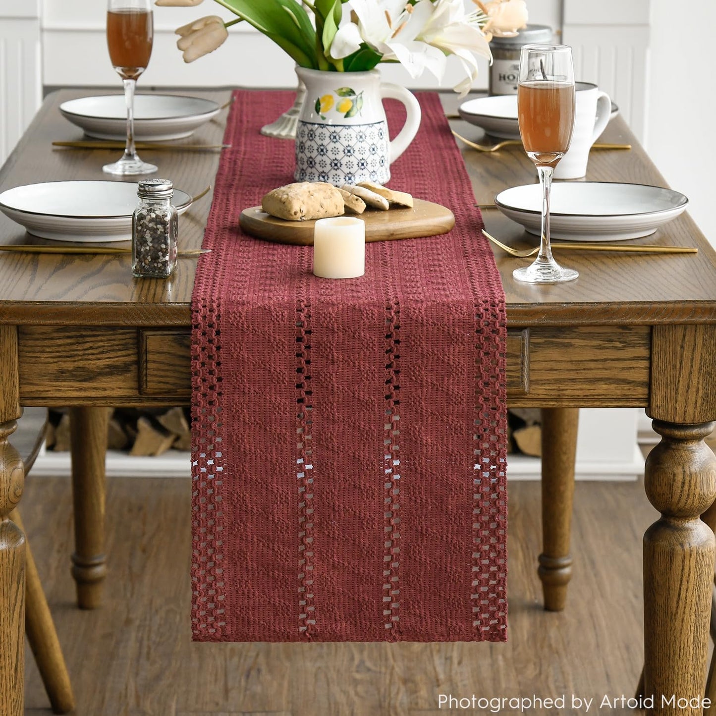 Artoid Mode Red Farmhouse Woven Rustic Hollow Table Runner, Seasonal Holiday Hollow Kitchen Dining Table Decoration for Home Party Decor 12x72 Inch