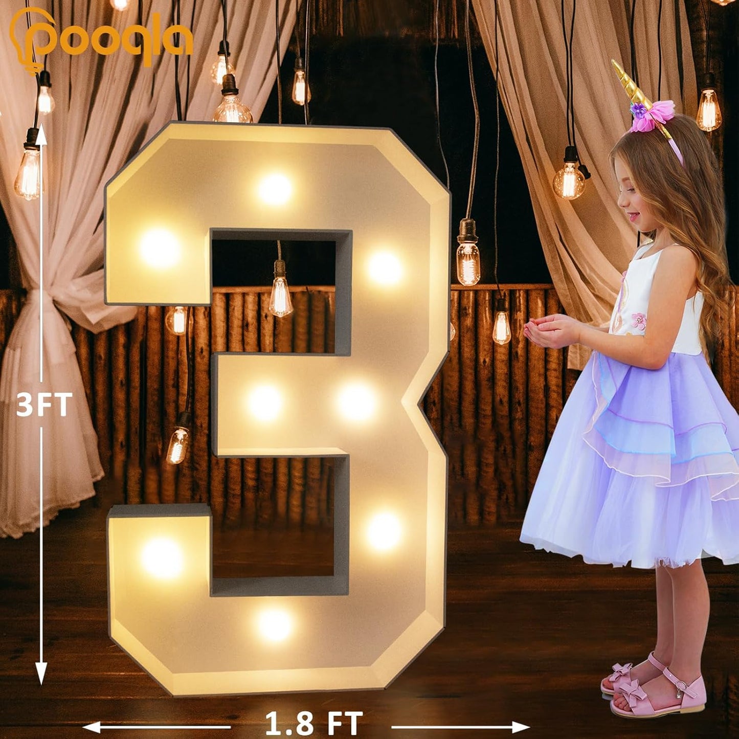Pooqla 3FT Light Up Marquee Numbers, LED Large Lighted Marquee Numbers for Party Decoration, Giant Mosaic Number for Balloon 3rd 13th 30th Birthday Decoration, LED Light Up 3