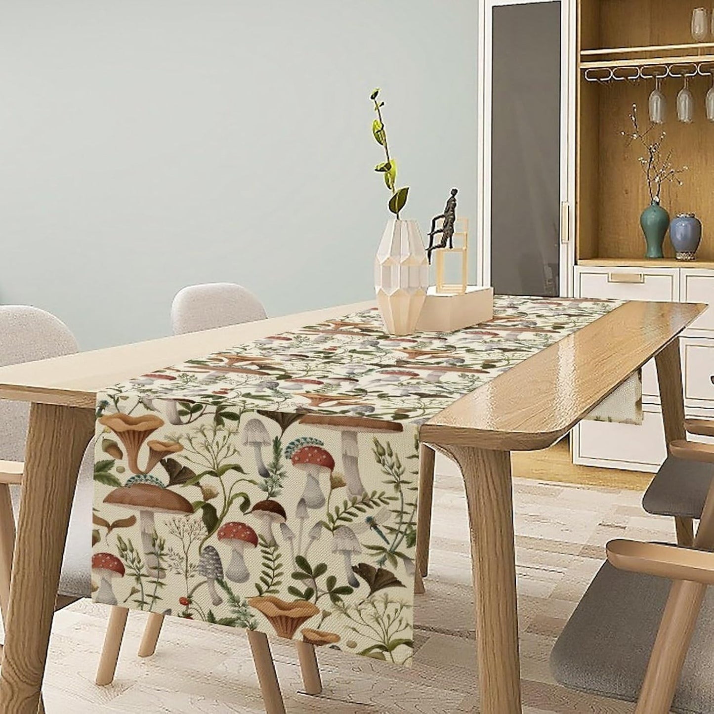 Mushroom Table Runner,Vintage Forest Flower Plant Print Table Runner for Kitchen Dining Table Home Party Decoration 13x72 Inch