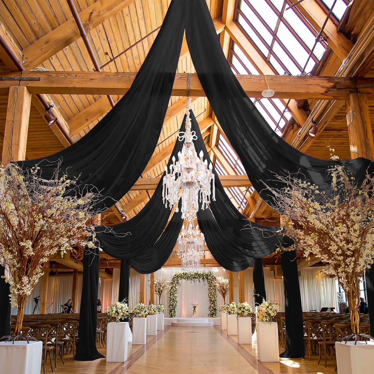 6 Panels Black Ceiling Drapes for Wedding, 5ftx20ft Ceiling Drapes Cheesecloth Sheer Fabric Curtain Wedding Arch Draping Fabric Romantic Ceilings Decorations for Weddings Party Ceremony Stage