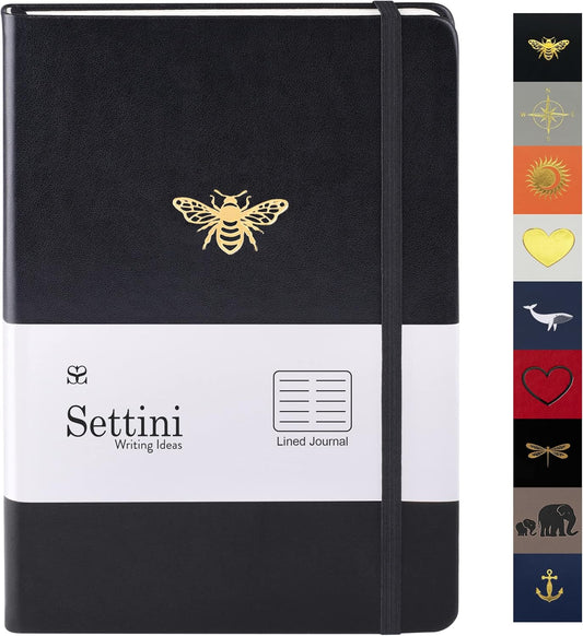 SETTINI Lined Journal, Ideal for Journaling - A5 Vegan Leather Notebook, 192 Archival-Quality Pages, QuillEase Bleed-Free Paper, Inner Pocket & Bookmark - Bee Gifts, Black Bee