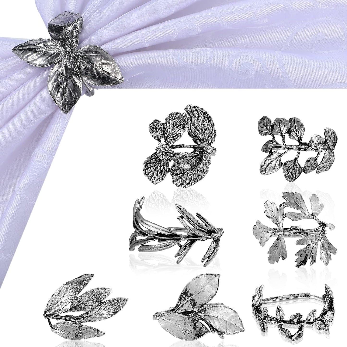 Cunhill 8 Pieces Herb Napkin Rings Set Vintage Leaf Napkin Holders Rings Glossy Holder Adornment Metal Table for Graduation Holidays Wedding Graduation Party Decor Everyday Use(Silver)