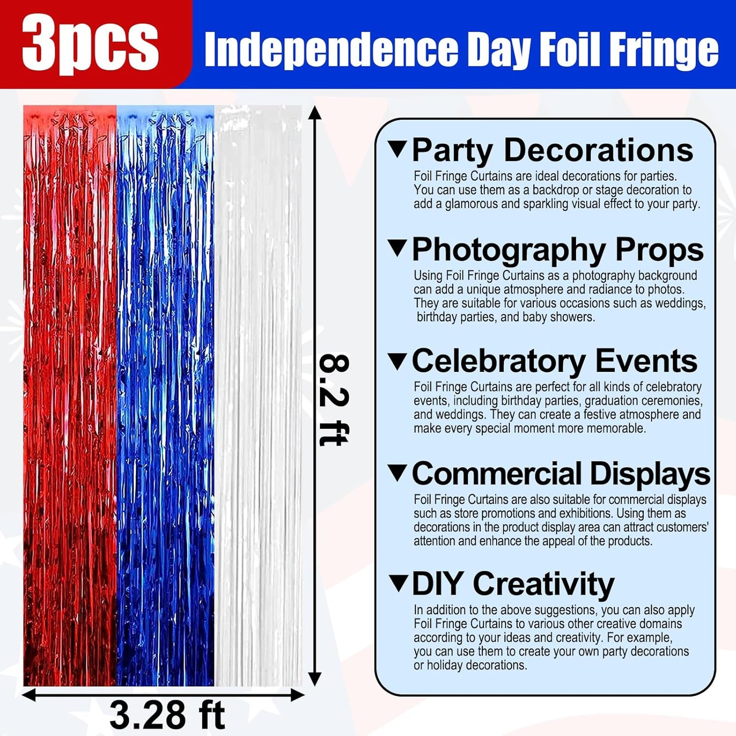 3 Pack White Blue Red Foil Fringe Curtain Backdrop, 3.28Ft x 8.2Ft Metallic Tinsel Foil Fringe Streamer Curtains for Photo Booth, Mother's Day, Easter, Birthday, Wedding Party Decorations