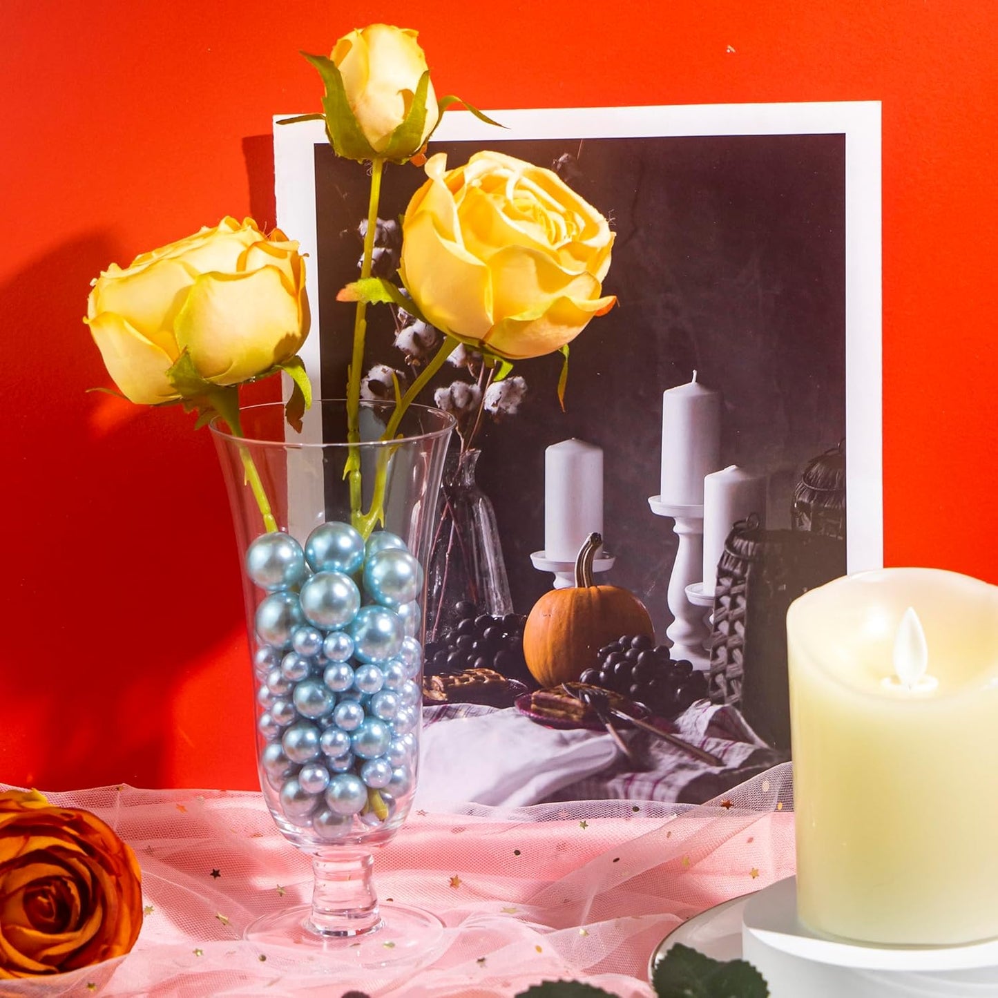 120 PCS 8/14/20mm No Hole Polish Pearl Beads for Centerpiece, Light Blue Beads Decorative Vase Fillers, Plastics Pearls for Vases, Table Scatters, Wedding Party Decor