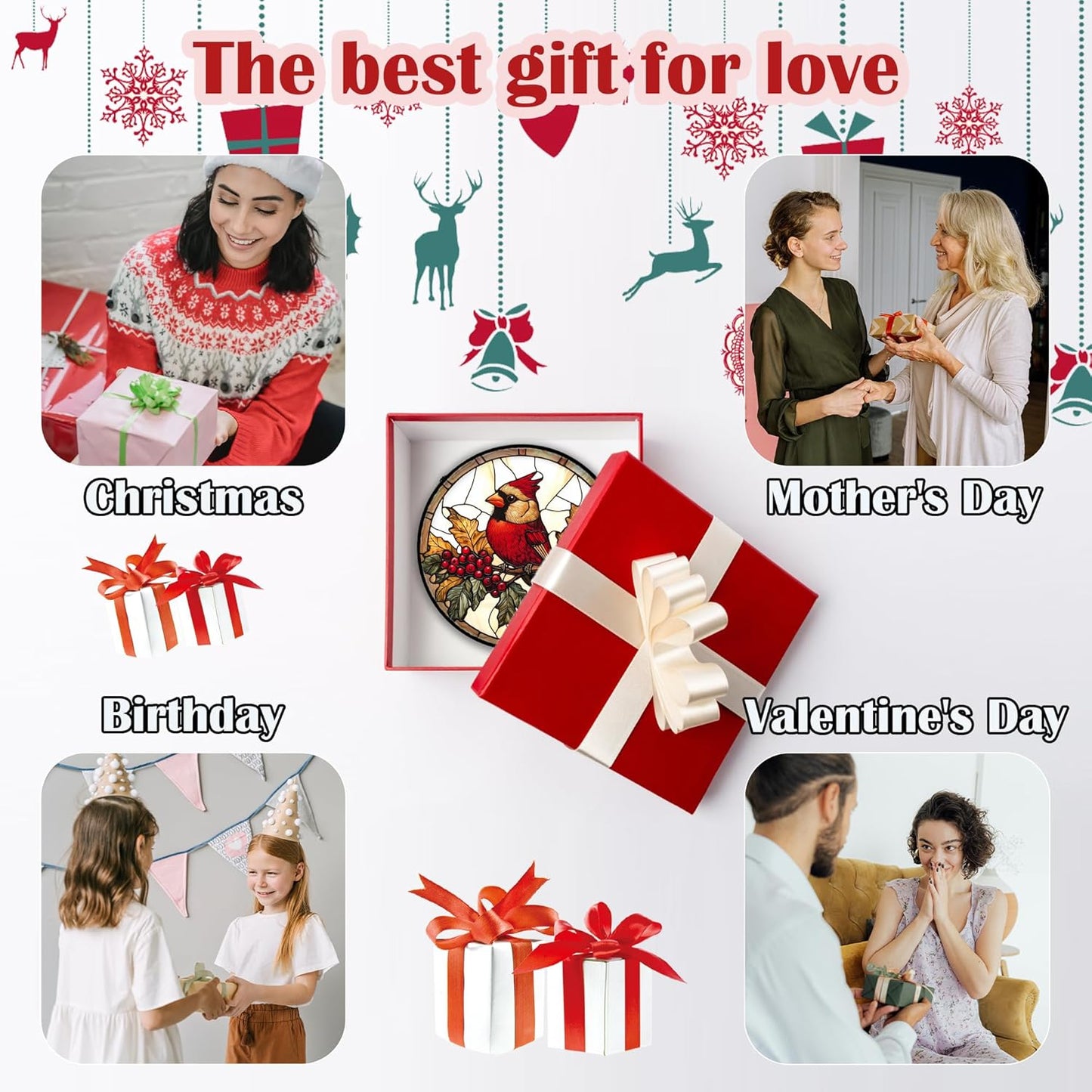 Stained Glass Window Hanging, Birds on a Branch Cardinal Sun Catchers Diamond Glass Panel Hangings Suncatcher Decor for Birthday for Women, Men, Wife, Aunt, and Mom 6.3 in