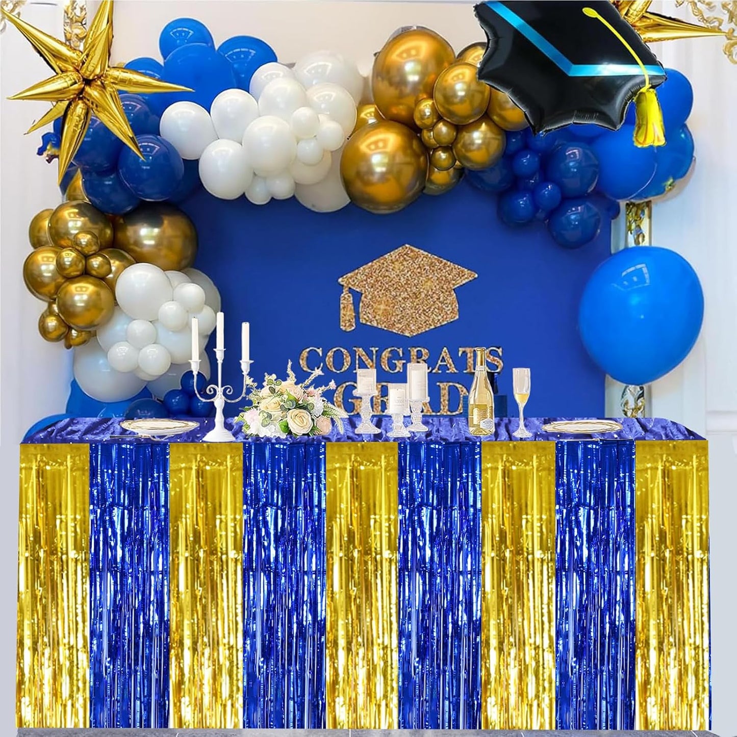BEISHIDA 2 Pack Blue Gold Table Skirts Party Decorations Metallic Tinsel Foil Fringe Table Skirts for Birthday Retirement Anniversary Graduation Congrats 2026 Party