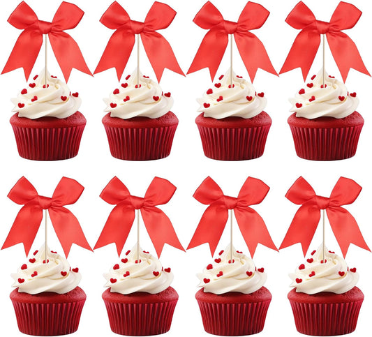 24 PCS Bow Cupcake Toppers Bowknot Cake Toppers Bow Cupcake Picks Bowknot Birthday Party Decorations Bow Cake Dessert Picks for Wedding Bridal Engagement Baby Shower Birthday Party Supplies Red
