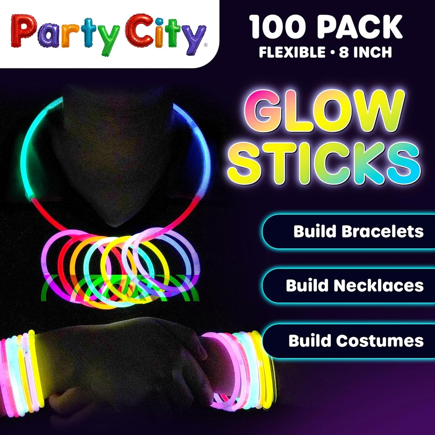 Party City 100 Glow Sticks Bulk Party Pack 8”– Neon Glow in the Dark Party Supplies, Glowsticks with Connectors Bracelets & Necklaces, Light Up Favors for Kids, Adults, Birthdays, Parties, Decorations