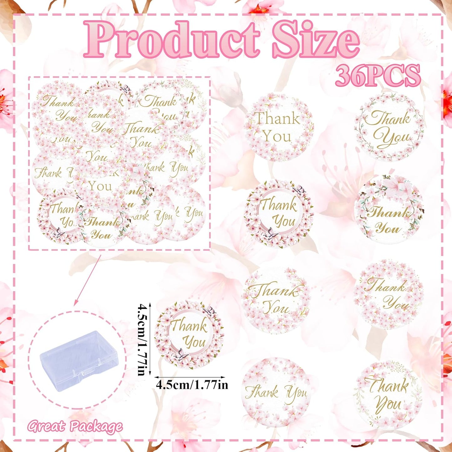36PCS Edible Cherry Blossoms Thank You Cupcake Toppers Pink Edible Cherry Flowers Cake Decor Wafer Paper Thank You Cupcake Topper for Flowers Theme Baby Shower Birthday Party Decor Supplies