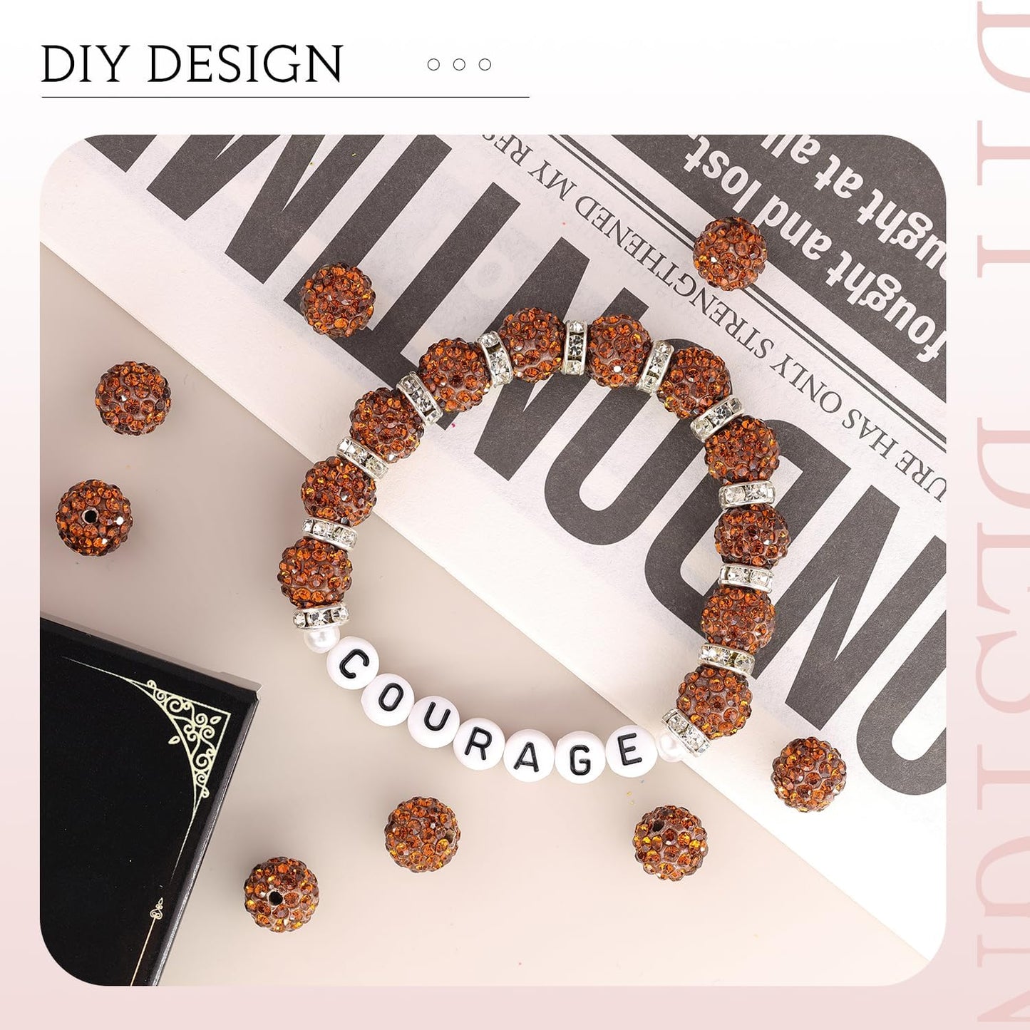 200pcs 10mm Brown Rhinestone Beads for Jewelry Making, Shiny Round Shamballa Disco Ball Beads Bulk, Sparkle Crystal Clay Christmas for Bracelet Baseball Necklace Earring Crafting and DIY