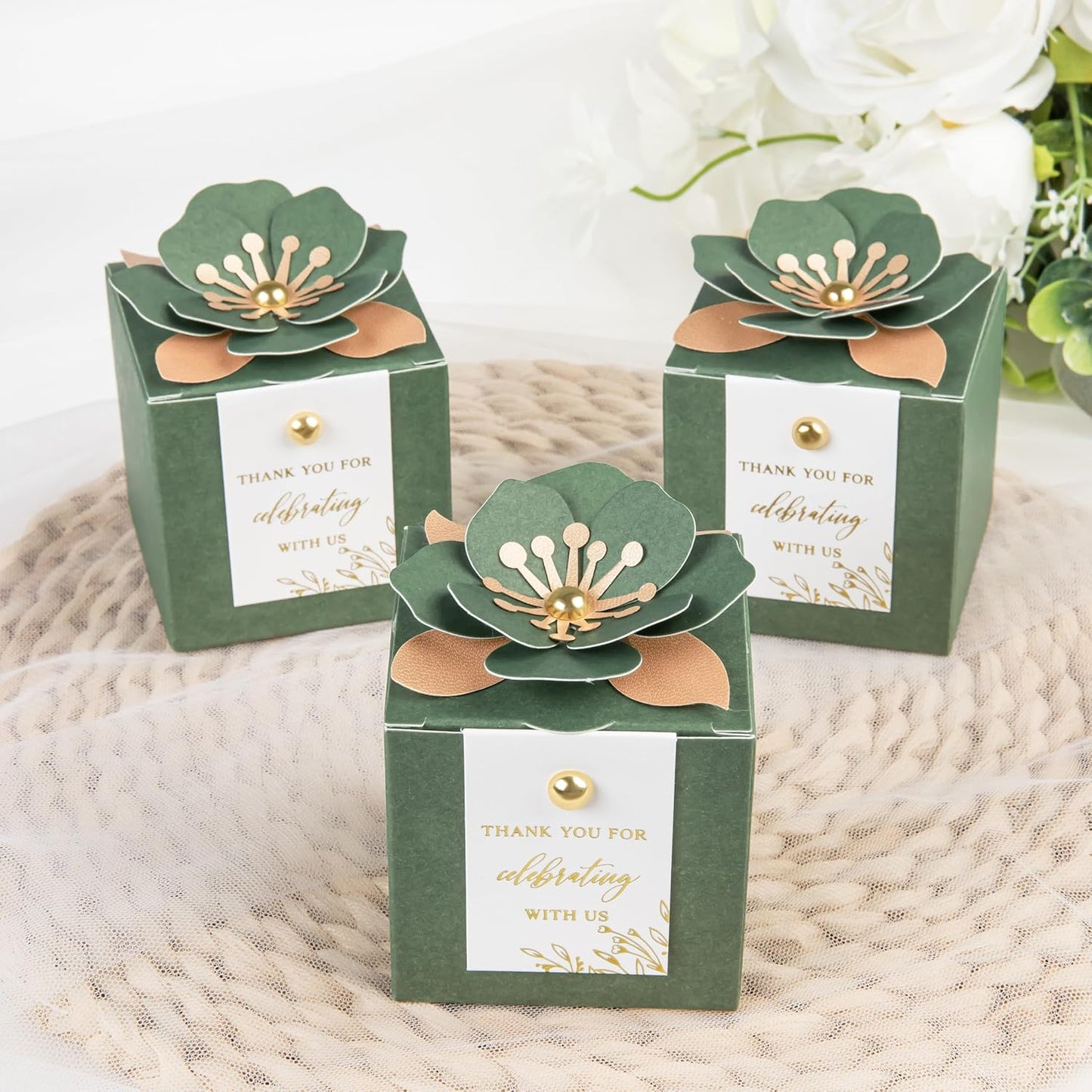 FEIYI 20 PCS Favor Boxes, 3 In 1 Olive Green Candy Boxes with Floral Decor, White Thank You Tags Gold Foil Print Gift wrapping for Wedding, Baby Shower, Birthday, Decorations Party - 2.55x2.55x2.55