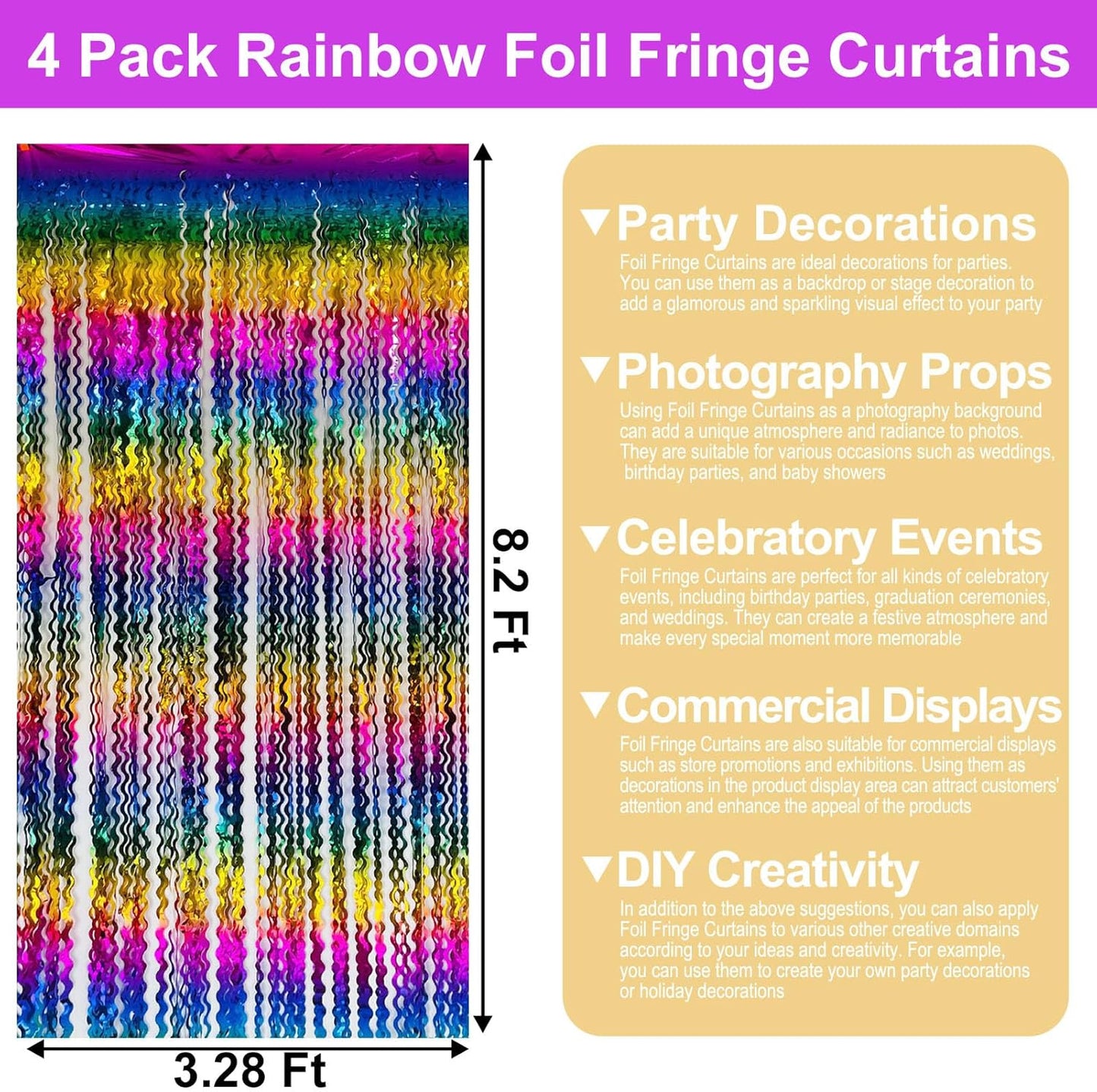 4 Pack Rainbow Wave Foil Fringe Curtain Backdrop, 3.28Ft x 8.2Ft Metallic Tinsel Foil Fringe Streamer Curtains for Photo Booth, Mother's Day, Easter, Birthday, Wedding Party Decoration