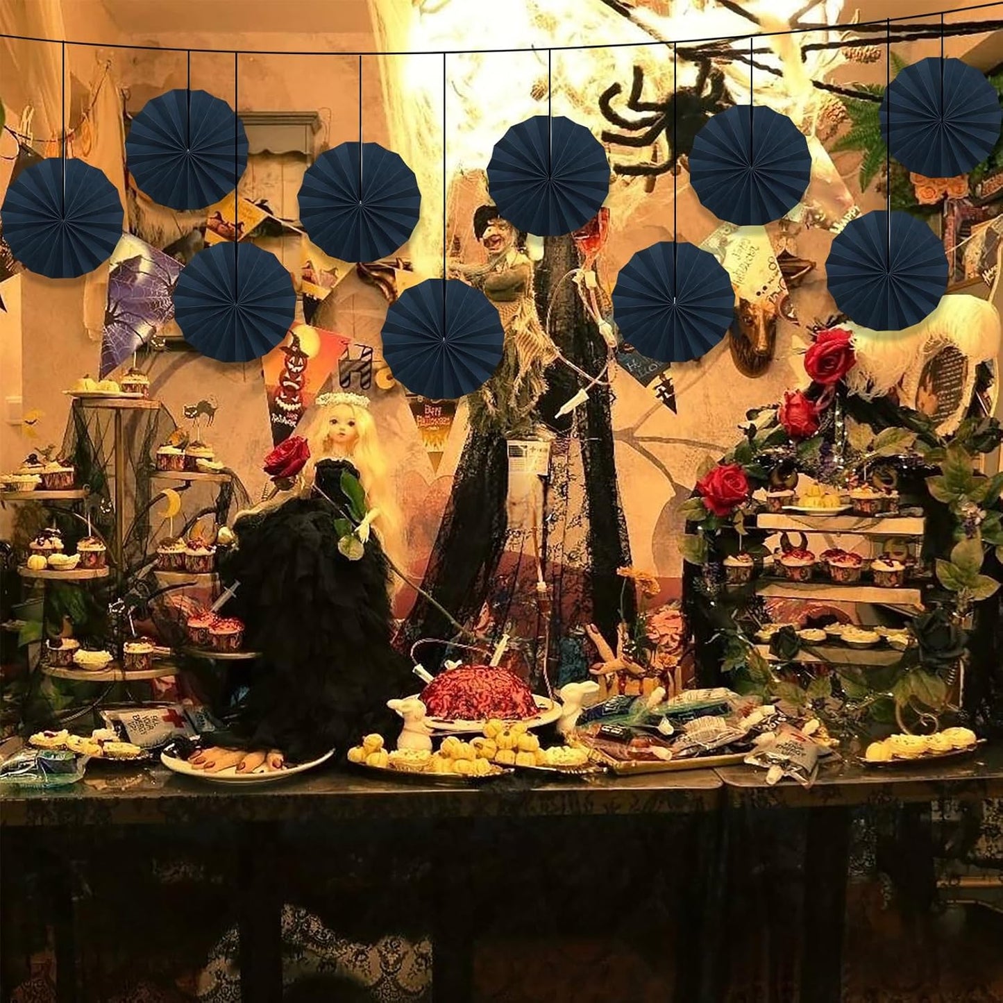 Black Party Decorations,Halloween Decor Events Accessories,Black Birthday Decorations,Anniversary Decorations for Party,Birthday Decorations for Men 8in Hanging Paper Fans 30 Color DIY Set(Black)