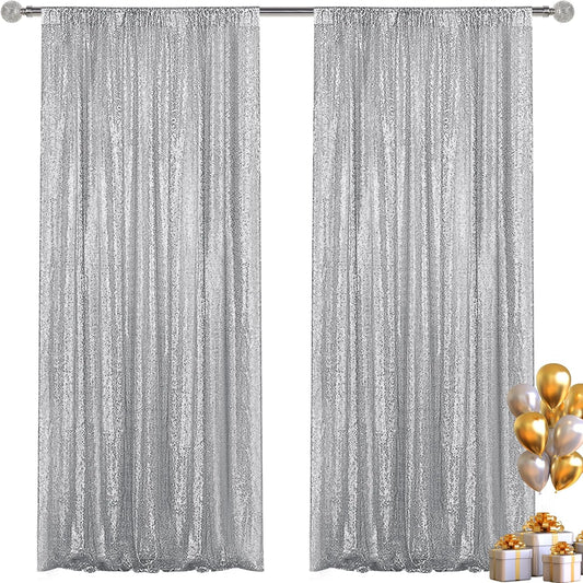 Silver Sequin Backdrop Curtain 2 Pieces 2FTx8FT Glitter Photography Backdrop for Party Wedding Birthday Christmas Decorations