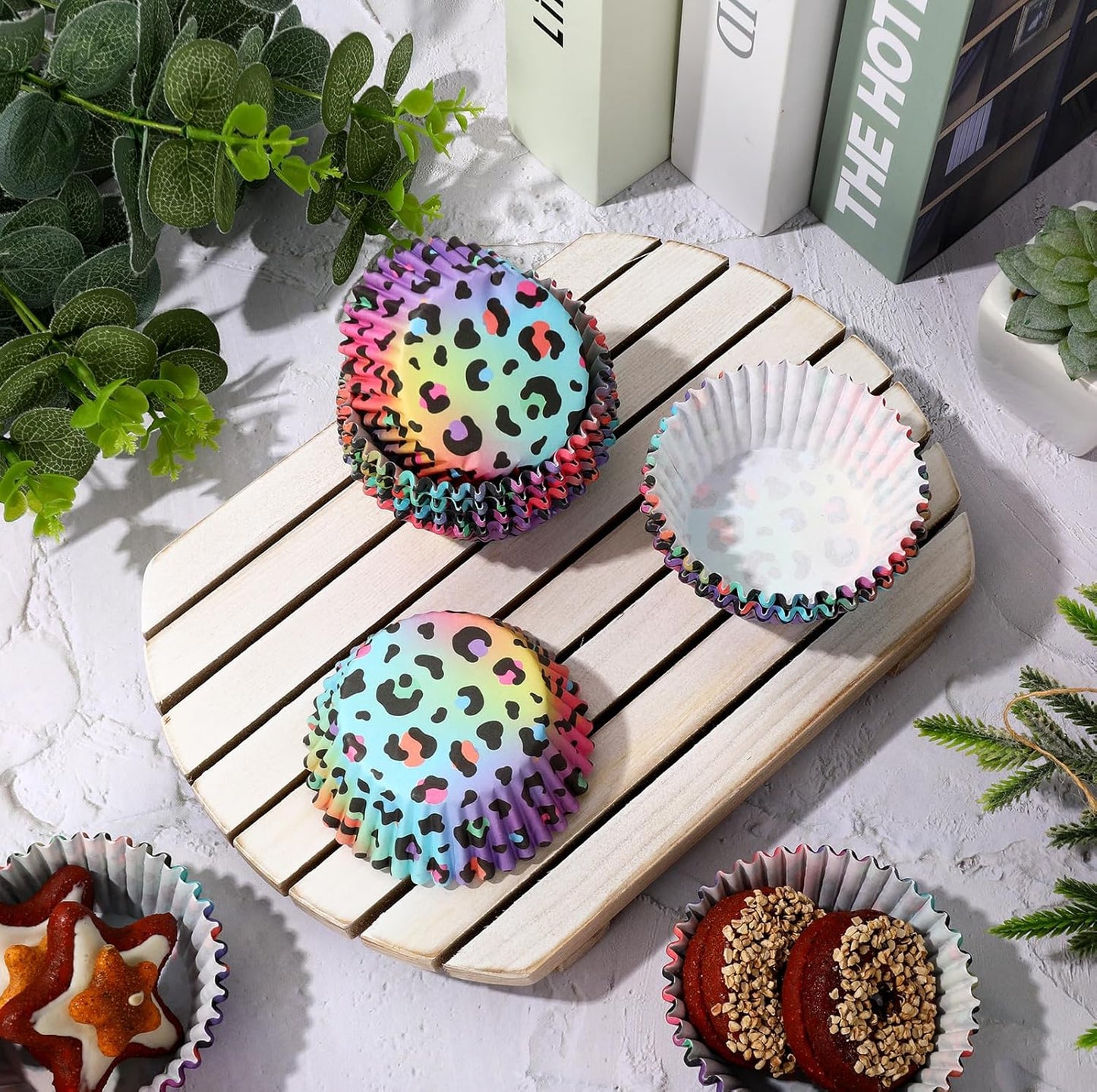 Whaline 300Pcs Leopard Print Cupcake Liner Neon Animal Spot Paper Baking Cup Rainbow Muffin Liner Cake Storage Container For Party DIY Craft, 2 x 1.2 Inch