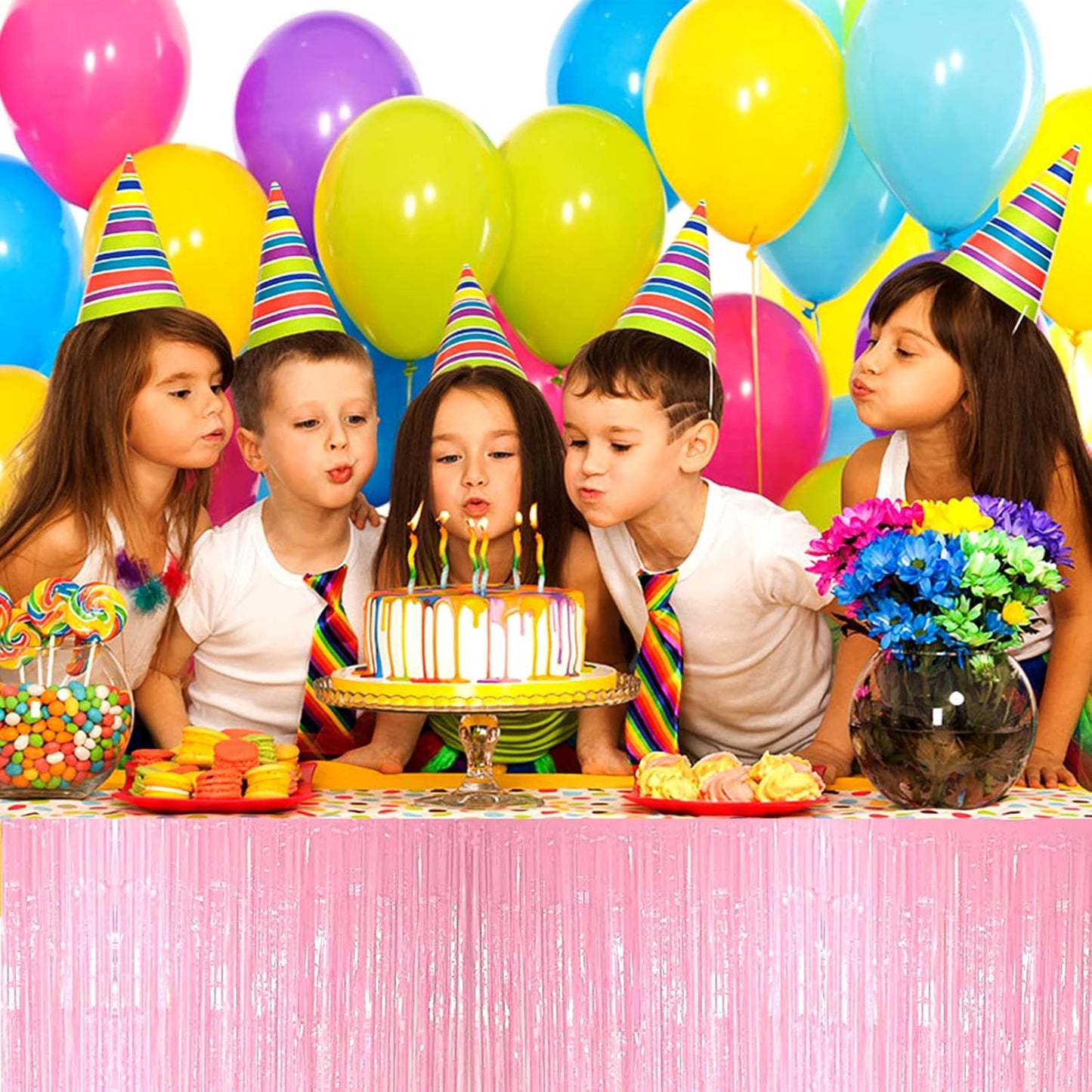 4 Pack 29x108 Inch Metallic Foil Fringe Tinsel Table Skirts for Rectangle Tables Streamer Backdrop for Wedding, Birthday, Parade Floats, Christmas, Halloween Party Decoration(Macaron Pink)